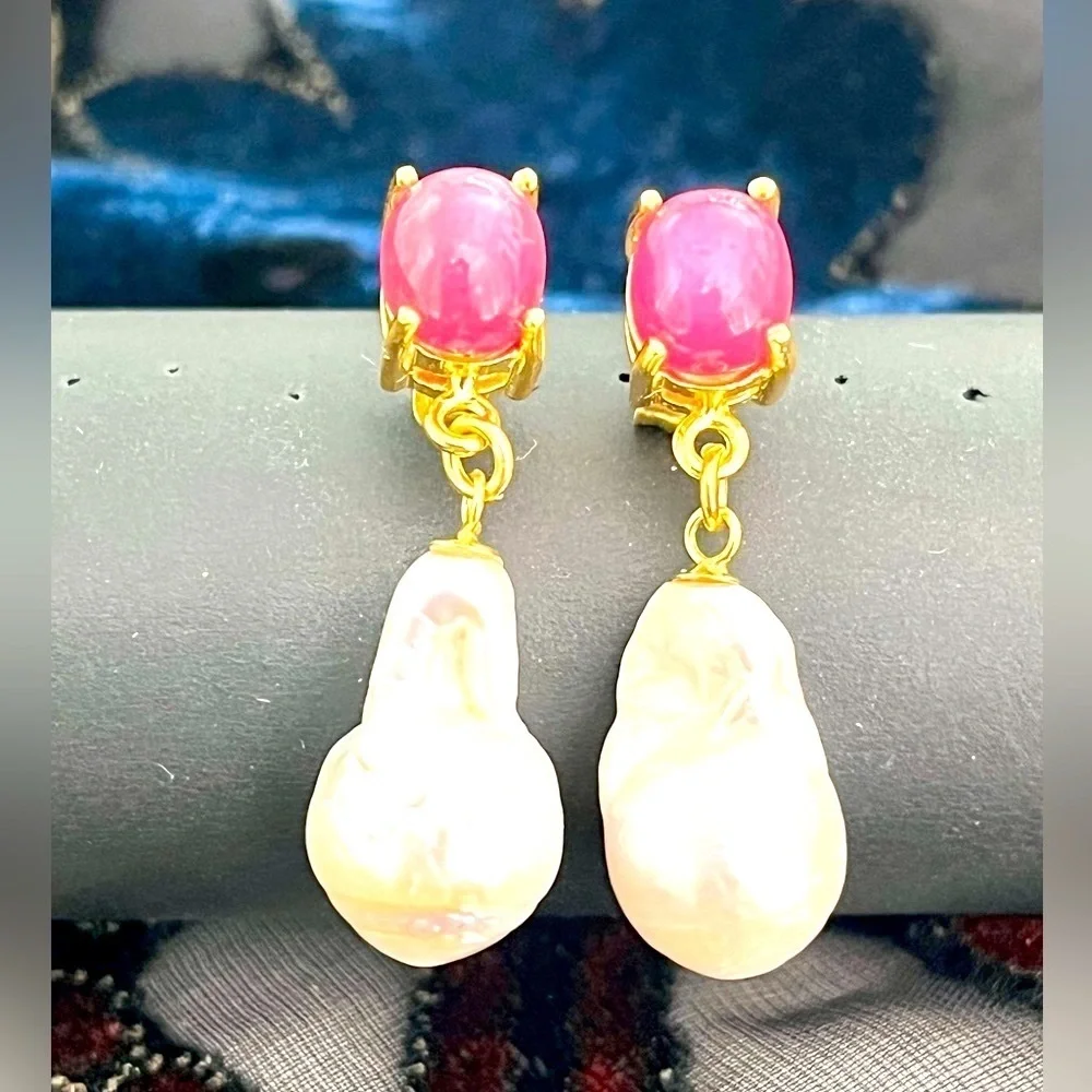 Star Ruby Baroque Pearl 14KGP Earrings
